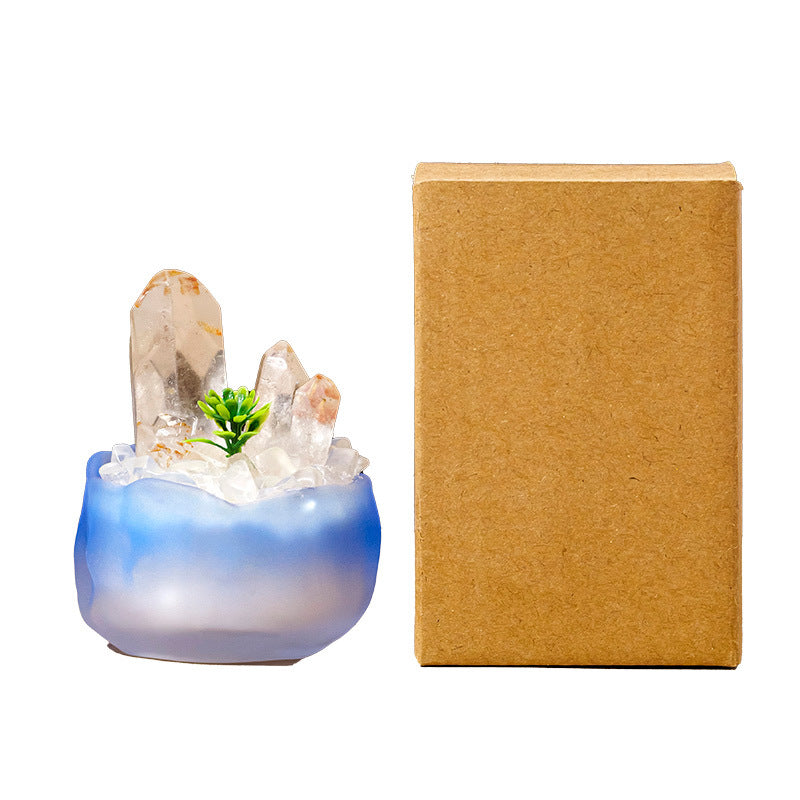 zensoullab Natural White Crystal Cluster Potted Yellow Crystal Single Crystal Crystal Column Tea Cup Micro Landscape Home Desktop Ornament