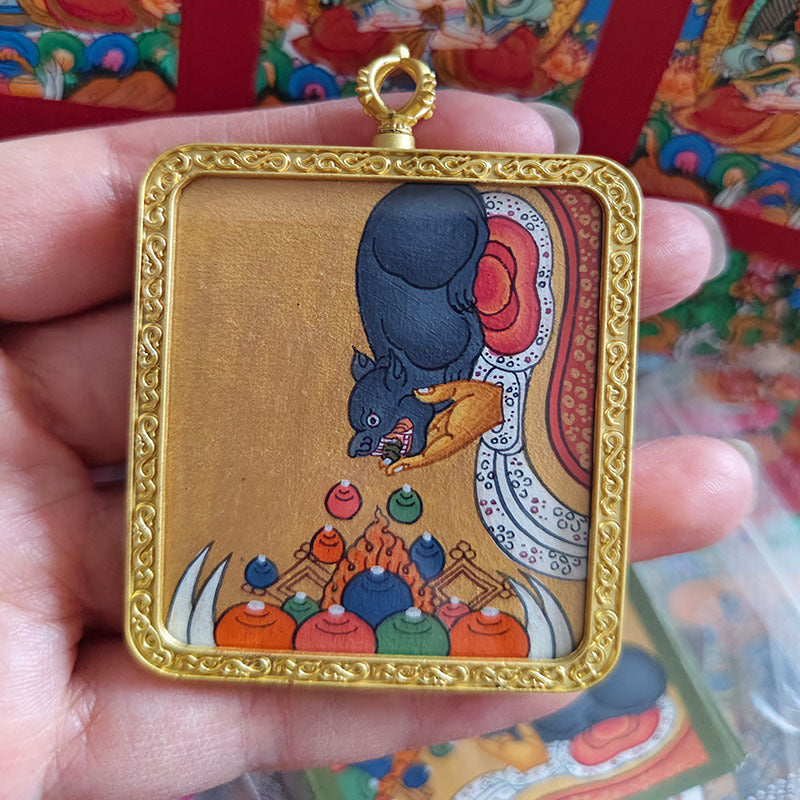 zensoullab Nepal Hand-painted Yellow God of Wealth Lucky Treasure Rat Thangka Painting Core Tibetan Style Portable Small Thangka Guardian Pendant