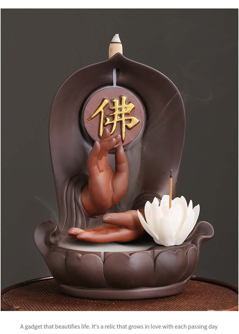 zensoullab Purple Clay Buddha Hand Lotus Backflow Incense Burner Creative Handmade Lotus Incense Holder Incense Stand Backflow Incense Burner Ornament