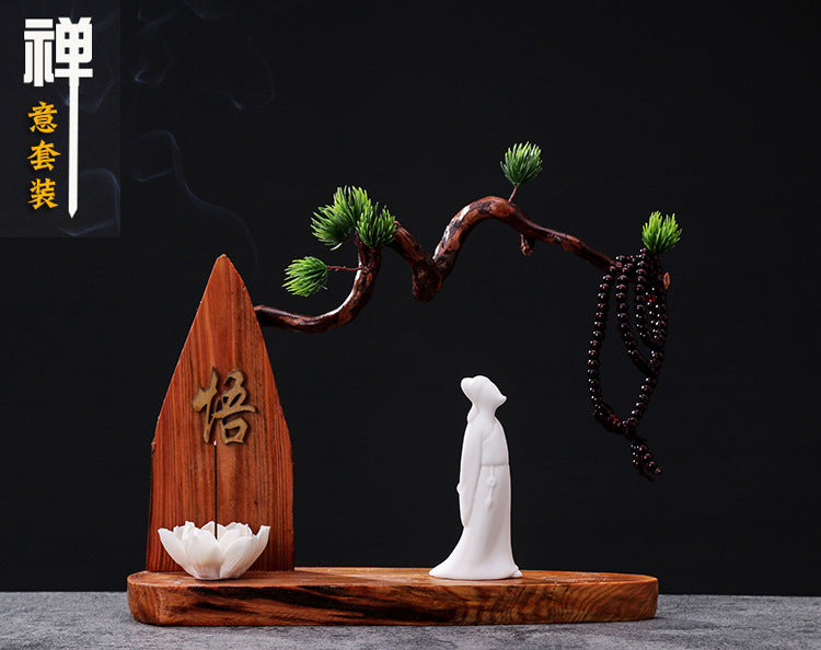 zensoullab Chinese Zen Style Formless Buddha Welcoming Guest Pine Root Carving Set Living Room Wine Cabinet Entrance Ceramic Li Bai Tea Table Home Decor