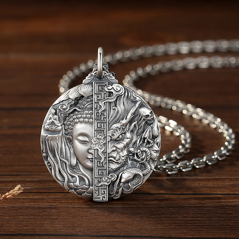 zensoullab Thai Silver Vintage Buddha and Demon One Thought Pendant Men's Solid Vintage Round Large Buddha Pendant Chinese Style Necklace