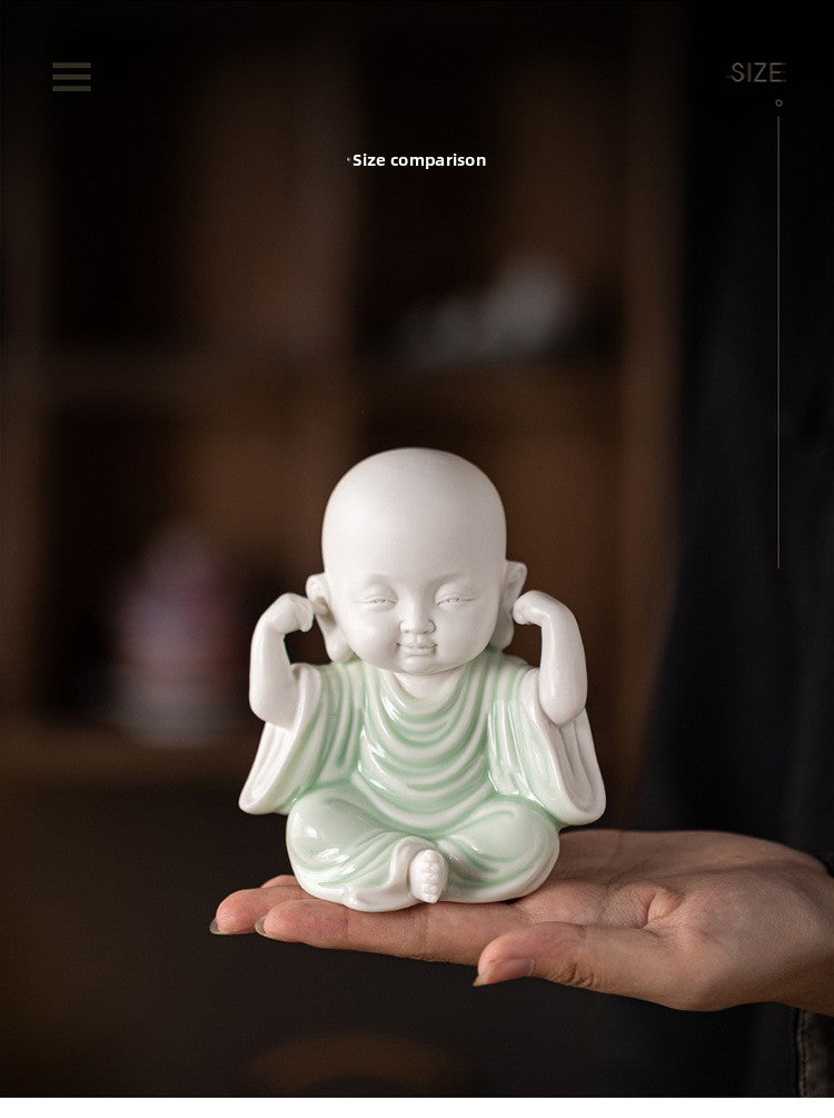zensoullab Chinese Zen Style Four Little Monks Figurines Ceramic Characters Buddhist Home Living Room Curio Cabinet Decorations Micro Landscape