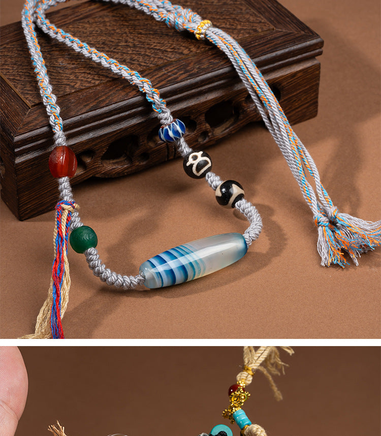 Zensoullab Natural Tibetan Lotus Master Three-Eye Multi-Totem Tibet Beads Necklace Agate Pendant Men's and Women's Woven Necklace in Stock