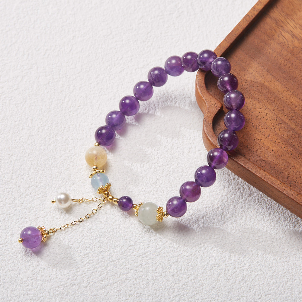 zensoullab Niche Design Natural 8MM Amethyst Bracelet for Women with Pearl Tassel Women's Bracelet Jewelry
