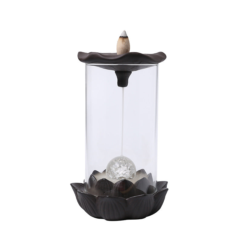 zensoullab Purple Clay Windproof Cover LED Light Backflow Incense Burner Creative Lotus Leaf Ornamental Backflow Aromatherapy Burner Home Decor