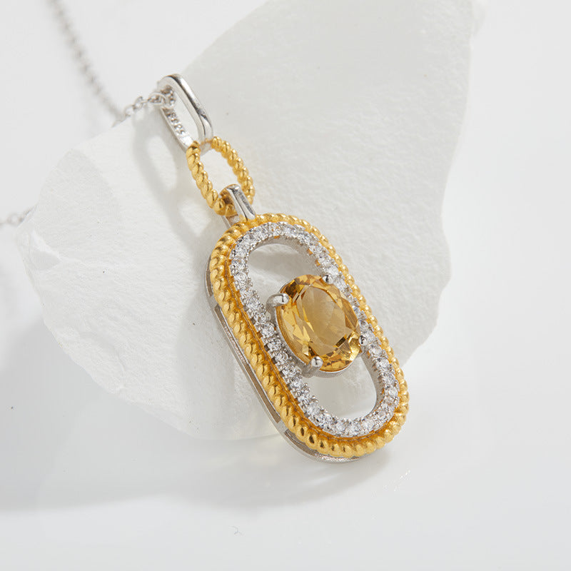 zensoullab French Retro S925 Sterling Silver Inlaid Natural Gemstone Yellow Crystal Topaz Pendant Necklace for Women Hot-Selling Jewelry