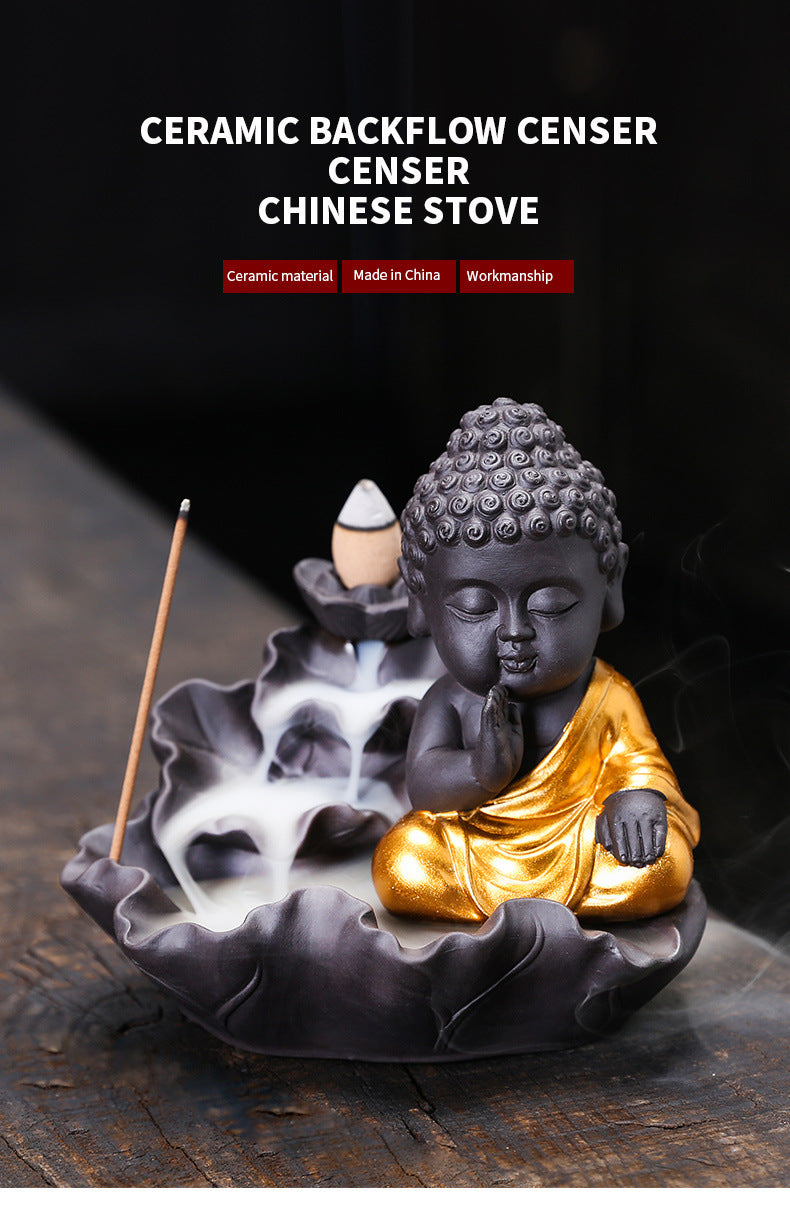 zensoullab Purple Clay Lotus Leaf Backflow Incense Burner Home Decor Creative Lotus Gold-Plated Buddha Incense Backflow Burner