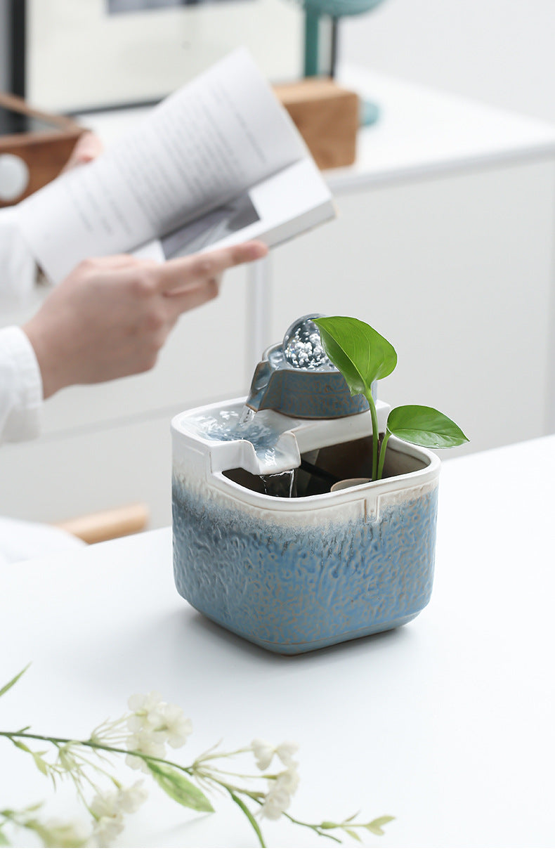 zensoullab Square Pool Desktop Ceramic Flowing Water Ornament Wealth Feng Shui Wheel Fountain Modern Tea Table Tea Desk Circulating Fortune Ball Water Feature