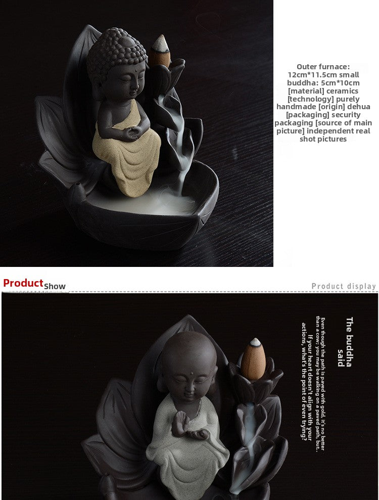 zensoullab Gift Ceramic Little Monk Retro Backflow Incense Burner Home Aromatherapy Burner Feng Shui Ornament Creative Guanyin Buddha Statue