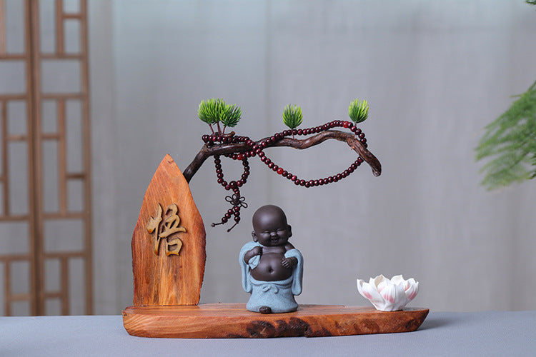 zensoullab Creative Chinese Style Welcoming Pine Root Carving Living Room Club TV Cabinet Zen Little Monk Ornament Maitreya Buddha Home Decor