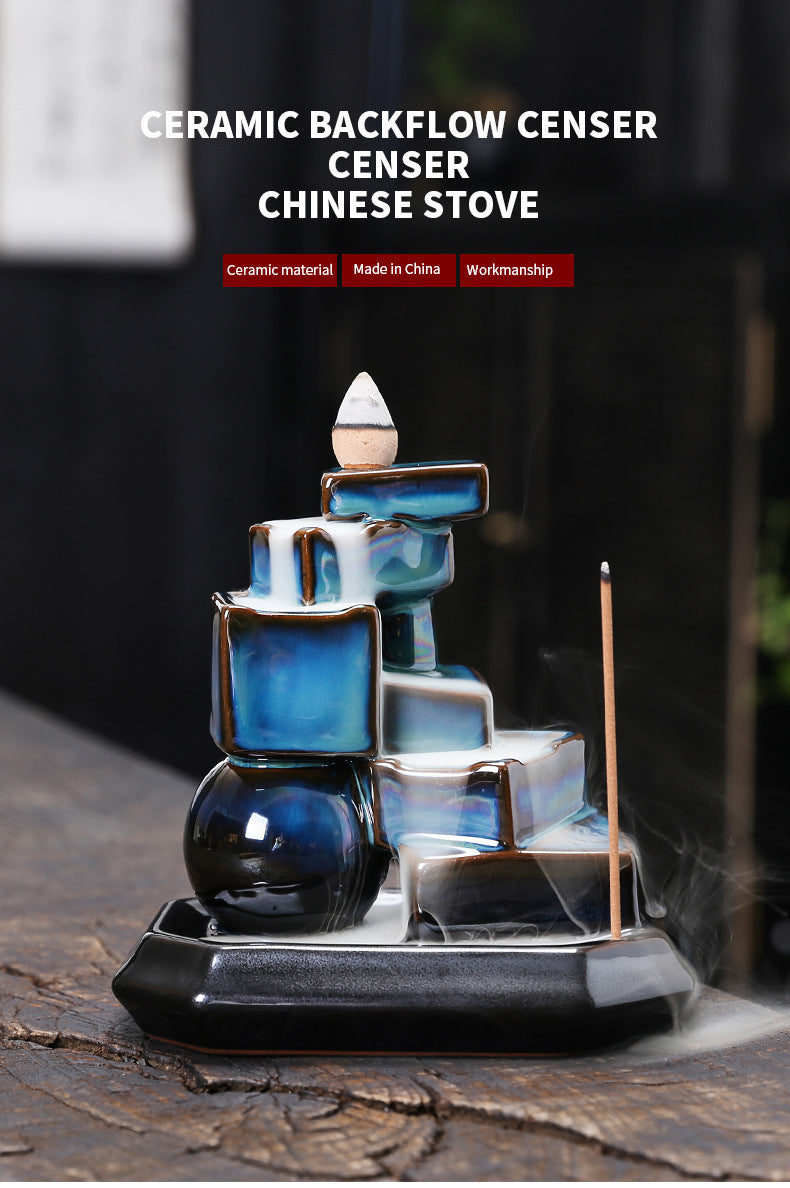 zensoullab Ceramic Mountain Water Backflow Incense Burner Ornament Creative Round Ball Square Blue Backflow Aromatherapy Burner Home Decor