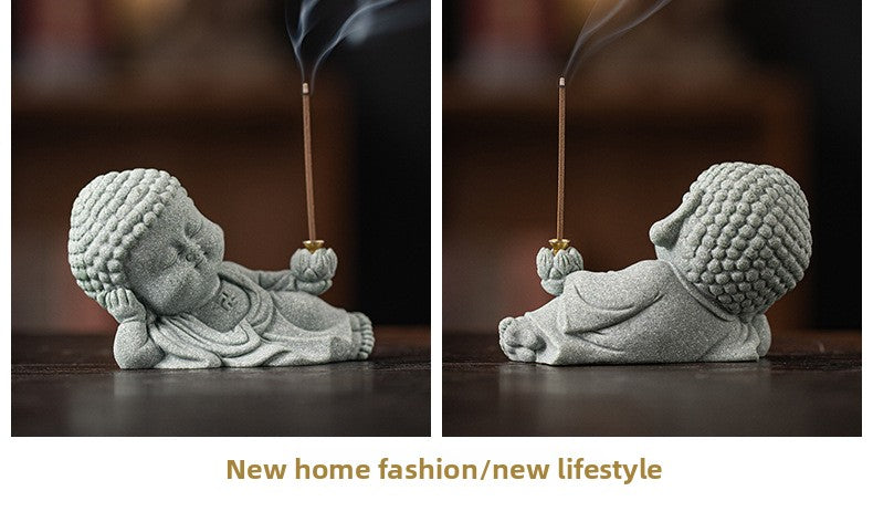 Zensoullab Green Sand Creative Cute Line Incense Burner Tea Ornaments Creative Sleeping Buddha Lotus Incense Stick Green Sand Stone Decoration Home Desktop Decoration