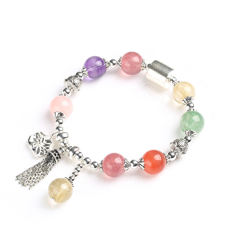 zensoullab Natural Multi-Gemstone Crystal Bracelet S925 Silver Lotus Tassel Bracelet Crystal Beaded Bracelet