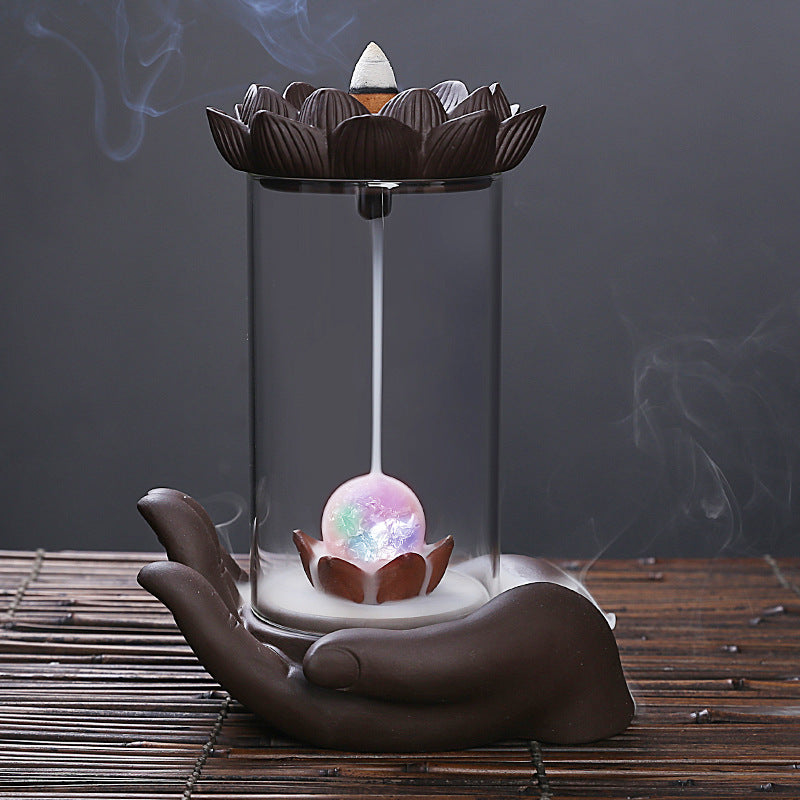 zensoullab Purple Clay Backflow Incense Burner Buddha Hand Lotus Acrylic Cover Agarwood Sandalwood Creative Home Decor Gift