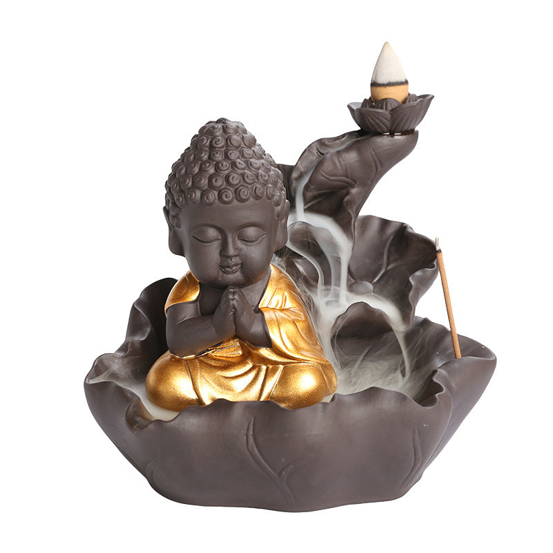 zensoullab Purple Clay Ceramic Backflow Incense Burner Crafts Creative Lotus Leaf Buddha Statue Small Novice Incense Burner Ornament