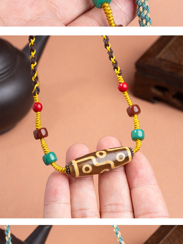 zensoullab Natural Yellow Nine-Eye Dzi Bead Necklace Taiwan Work Agate Pendant Unisex Couple Style Braided Necklace