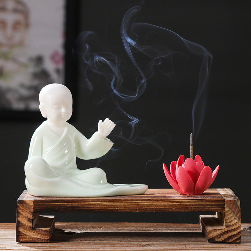 zensoullab Zen Style Chinese Fine Ceramic Figure Little Monk Ornament Creative Incense Holder Creative Home Living Room Decoration