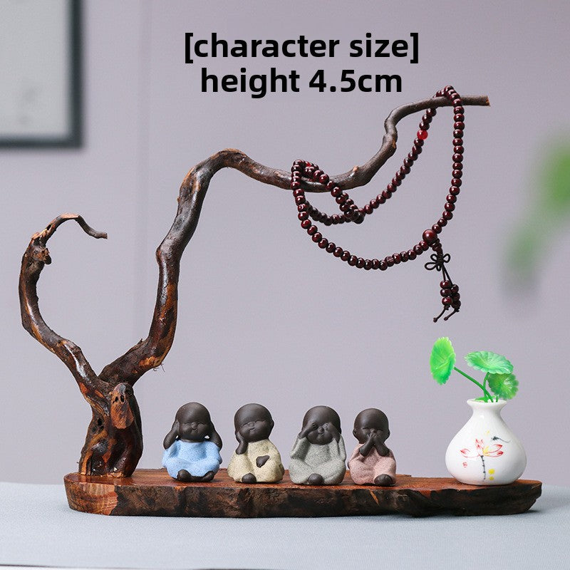 zensoullab Zen New Chinese Style Root Carving Set Ornament Purple Clay Little Monk Living Room TV Cabinet Tea Table Entrance Creative Decoration