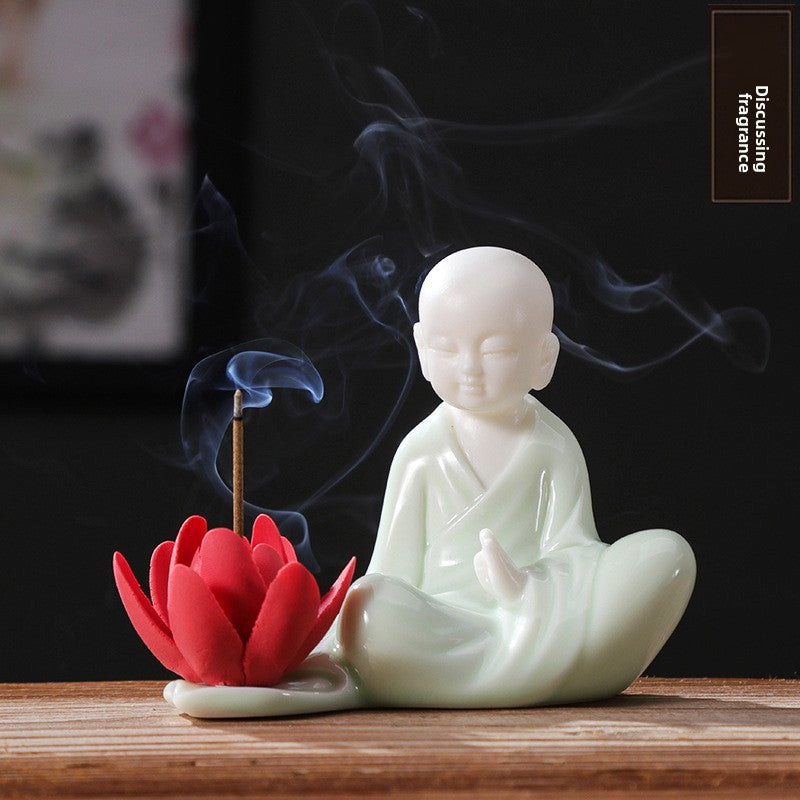 zensoullab Zen Style Chinese Fine Ceramic Figure Little Monk Ornament Creative Incense Holder Creative Home Living Room Decoration