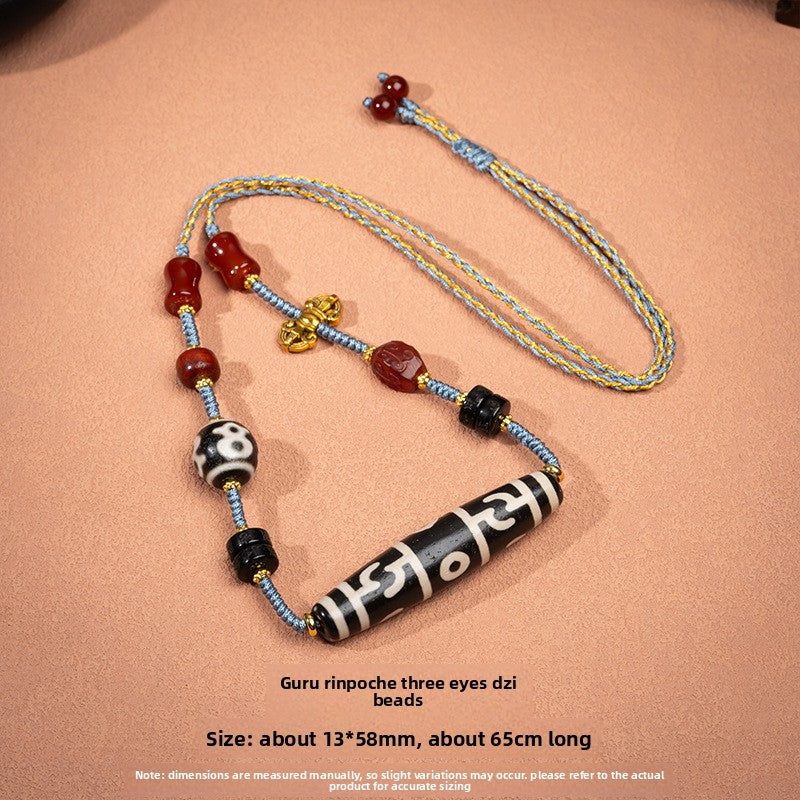 zensoullab Natural Yellow Nine-Eye Dzi Bead Necklace Taiwan Work Agate Pendant Unisex Couple Style Braided Necklace In Stock