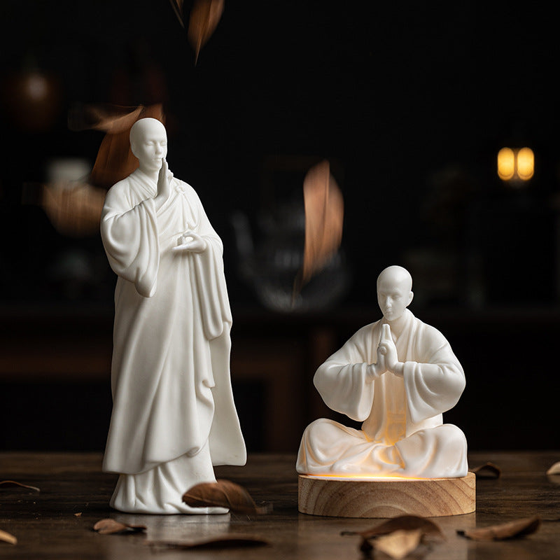 Zensoullab Zen Ceramic Monk Chinese Household Living Room Hallway Ornaments Monk Desktop Craft White Porcelain Character Decorations