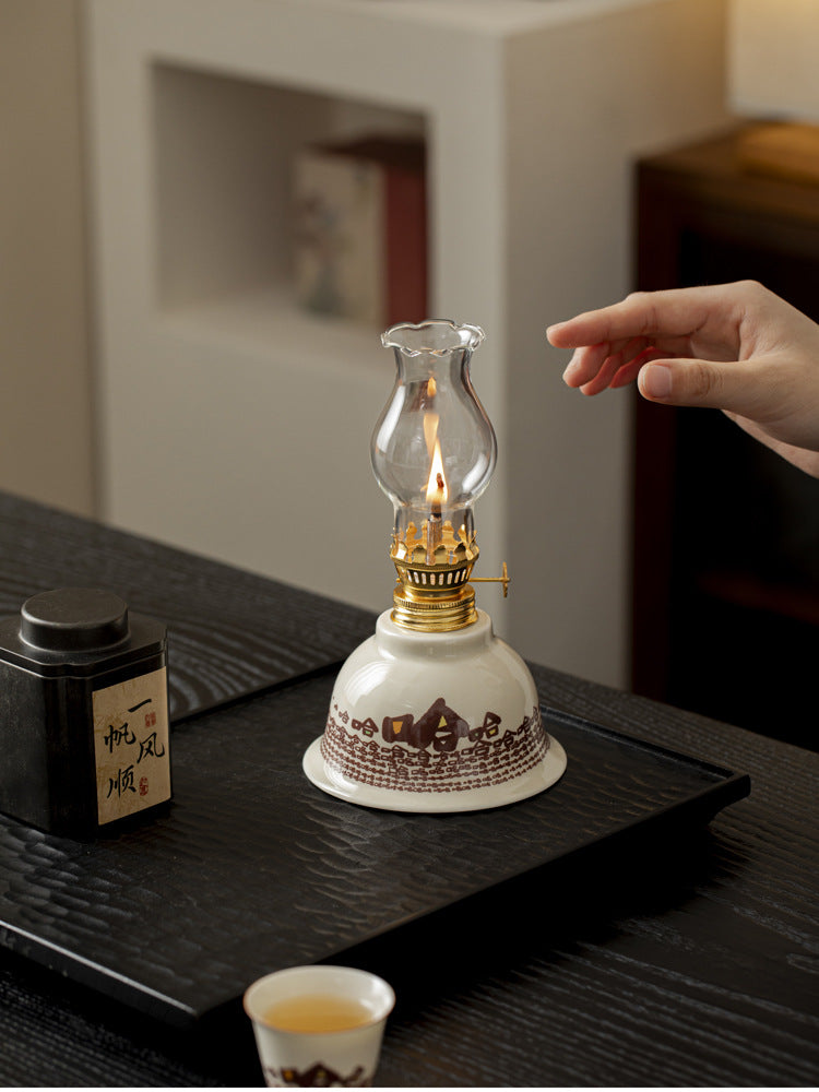zensoullab Ceramic Butter Lamp with Plant Ash, Chinese Style Retro Tea Ceremony Home Indoor Atmosphere Ornament