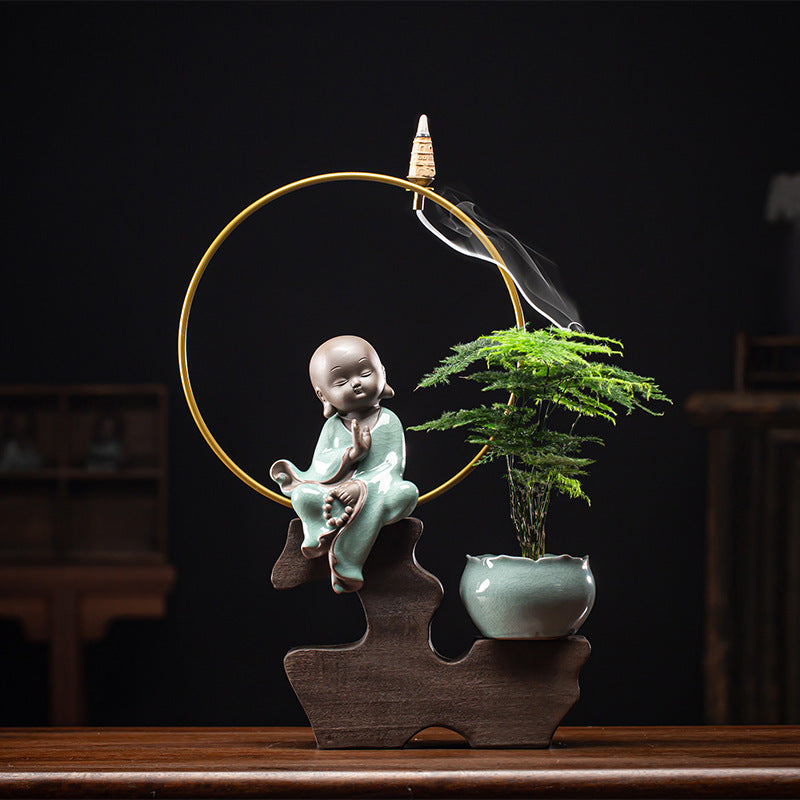 zensoullab Zen Style Backflow Incense Burner Ornament Sha Mi Monk Chinese Style Home Living Room Office Potted Incense Burner Gift