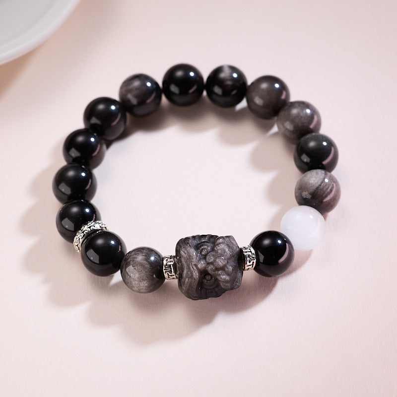 zensoullab520 Natural Obsidian Lion Awakening White Moonlight Cat's Eye Crystal Bracelet