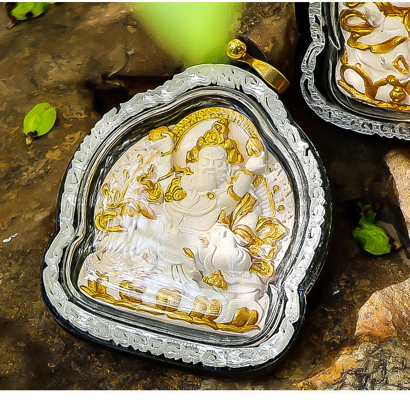 zensoullab Gawu Box Pendant Hand-painted Incense Ash Rubbing Three-dimensional Thangka Buddha Statue Yellow God of Wealth Five-way God of Wealth Buddha Amulet Men and Women Necklace