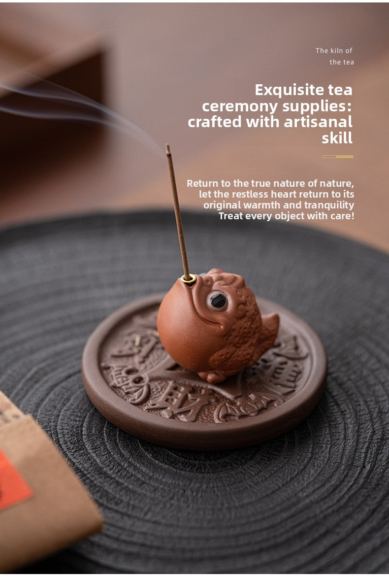 zensoullab Creative Ceramic Cute Fortune Golden Toad Purple Clay Tea Pet Ornament Aromatherapy Burner Home Indoor Incense Holder Incense Stand Incense Ceremony
