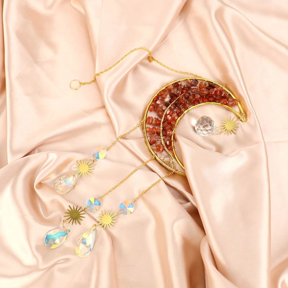 zensoullab Handmade Wire Wrapped Natural Crystal Gravel Tree of Life Moon Sun Catcher Hanging Ornament Wind Chime Decoration Pendant