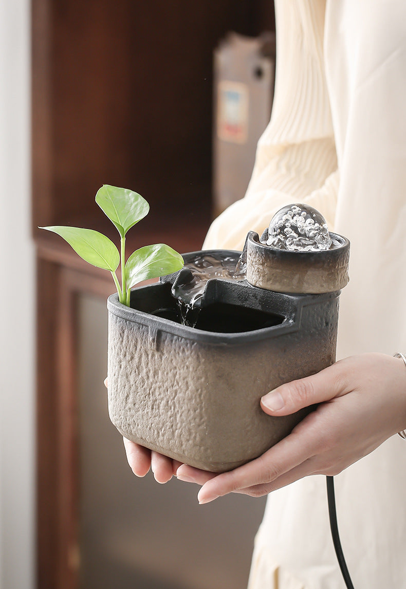 zensoullab Square Pool Desktop Ceramic Flowing Water Ornament Wealth Feng Shui Wheel Fountain Modern Tea Table Tea Desk Circulating Fortune Ball Water Feature