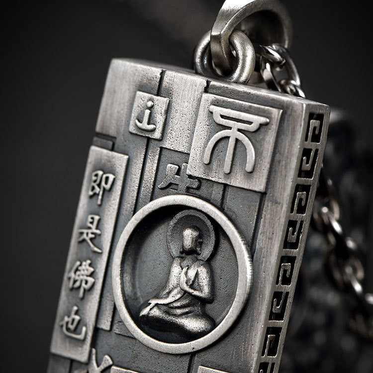 Zensoullab Thai Silver Amulet Necklace Men's Damo Buddha Symbol Pendant Protective Talisman Hanging Ornament Square Plate Pendant for Boyfriend