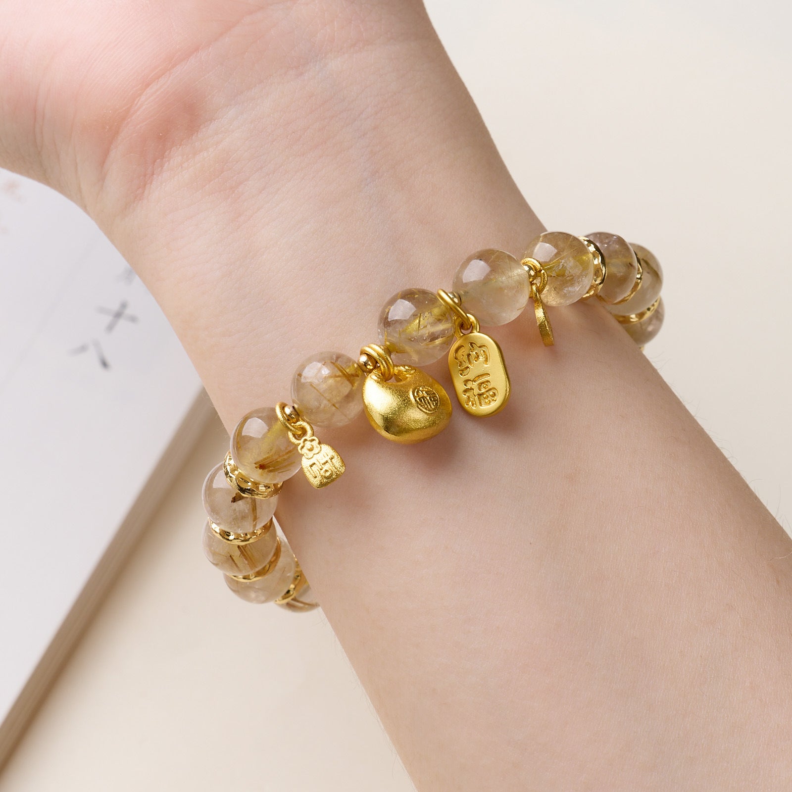 zensoullab Natural 10MM Golden Rutilated Quartz Bracelet for Women, Twisted Good Luck and Peace Lock, High-end Crystal Bracelet