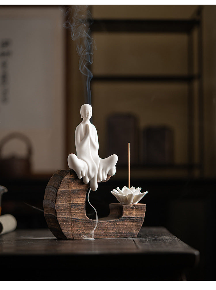 zensoullab Creative Backflow Incense Burner Home Aromatherapy Burner Ceramic Ornament Sandalwood Incense Holder Guanyin Buddha Statue Zen Living Room Decoration