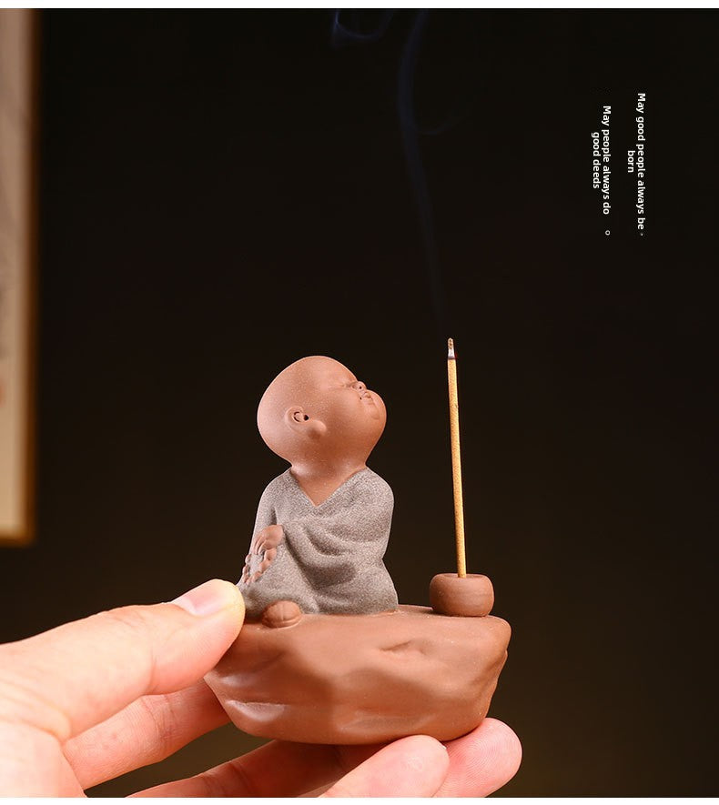 zensoullab Zen Purple Clay Little Monk Incense Holder Ornament for Car, Home, Indoor Living Room, Tea Tabletop, Incense Ceremony, Incense Seat, Incense Burner