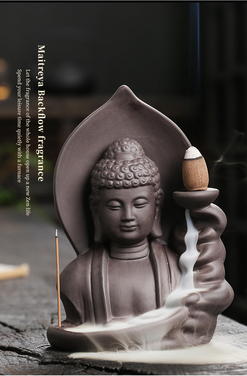 zensoullab Purple Clay Buddha Backflow Incense Burner Creative Lotus Leaf Buddha Backflow Sandalwood Incense Burner Craft