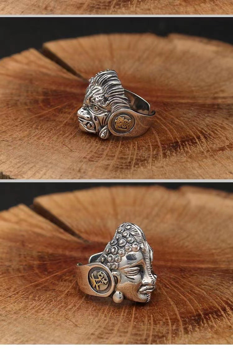 Zensoullab Men's Domineering Buddha Magic a Flash of Thought Buddha Magic Open Ring Vintage Thai Silver Niche Punk Ring