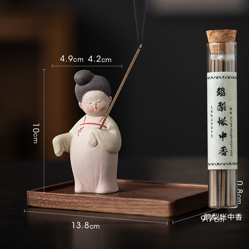 zensoullab Ancient Style Tang Dynasty Female Figure Ceramic Incense Burner Zen Incense Holder Incense Stand Chinese Tea Table Incense Ceremony Incense Burner Incense Burner Ornament
