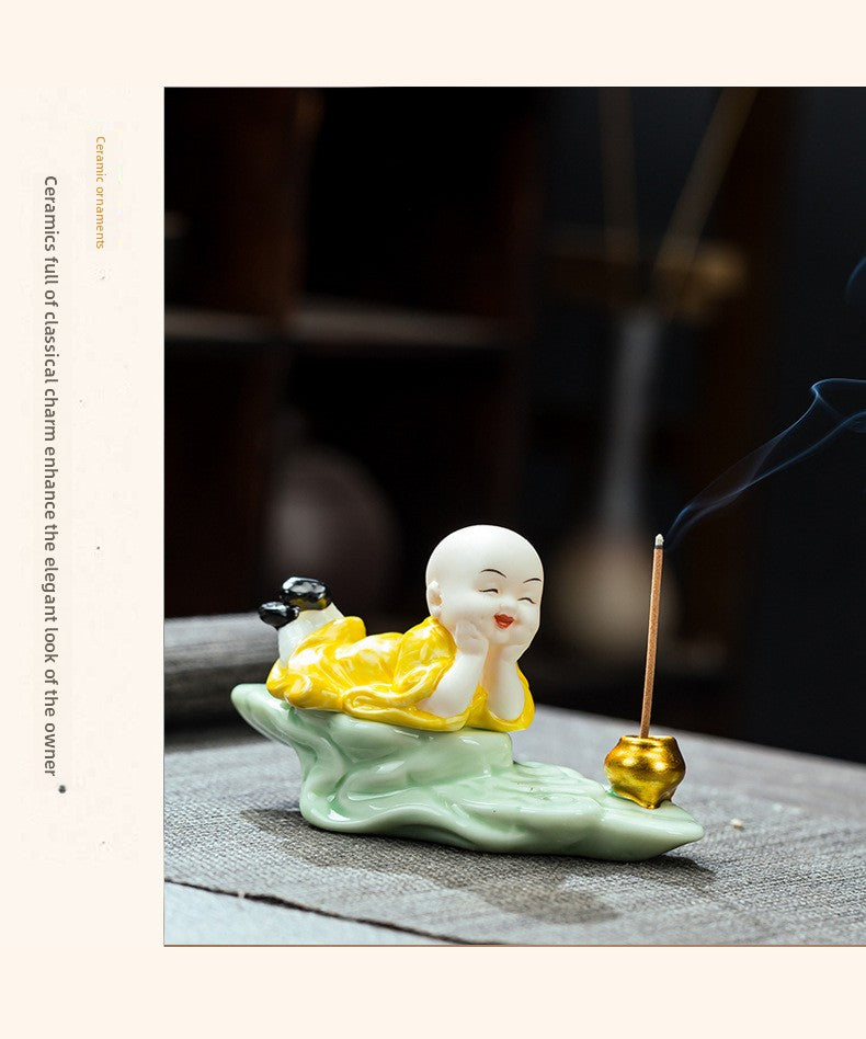 zensoullab Zen Ceramic Little Monk Incense Holder Tea Ceremony Ornament for Home Living Room Indoor Tea Room Sandalwood Sitting Incense Dragging Incense Burner