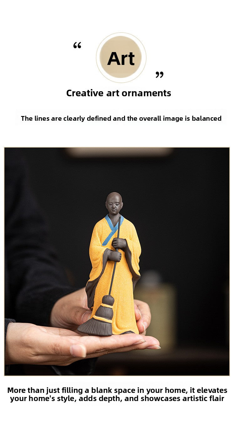 zensoullab Creative Ceramic Figure Sweeping Monk Zen Little Monk Ornament Home Living Room Curio Shelf Tea Room Bonsai Decoration
