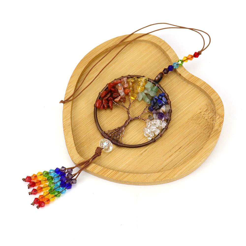 zensoullab Natural Crushed Stone Colorful Stone Tree of Life Car Hanging Handmade Crystal Tassel Wall Hanging