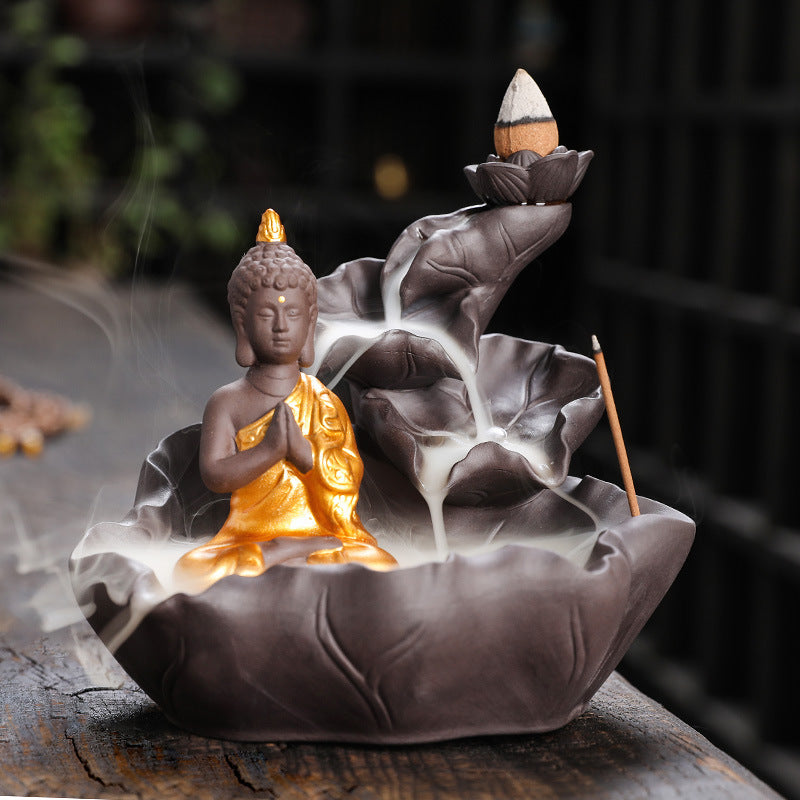 zensoullab Purple Clay Ceramic Backflow Incense Burner Crafts Creative Lotus Leaf Buddha Statue Small Novice Incense Burner Ornament