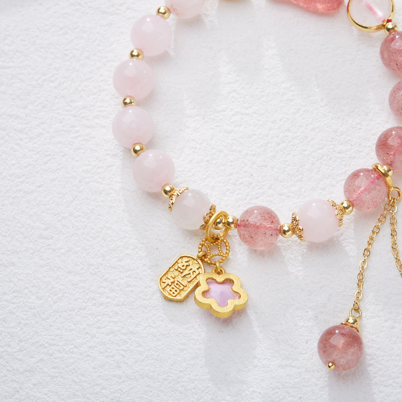zensoullab Natural Strawberry Crystal Pink Crystal Double Bracelet for Women Strawberry Crystal Pixiu Wealth Flower Good Luck Crystal Bracelet