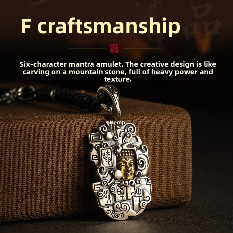 zensoullab Thai Silver Personalized Retro Six-Word Mantra Buddha Head Armor Trendy Creative Peace Jewelry Necklace Pendant for Men and Women