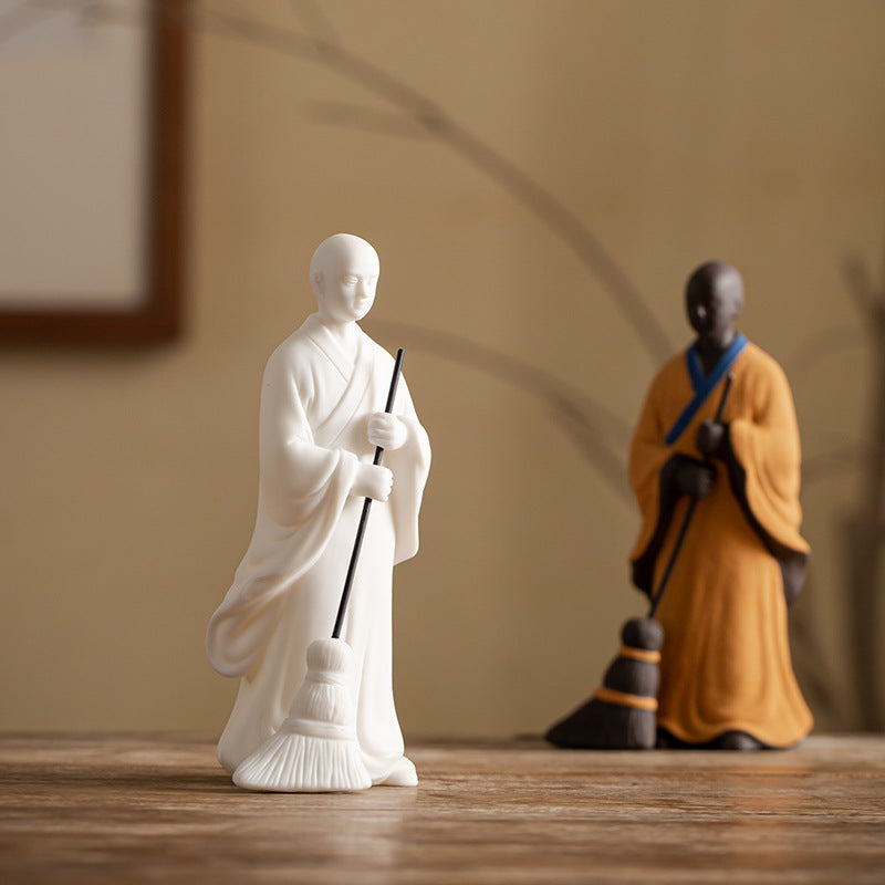 zensoullab Sweeping Monk Ceramic Little Monk Creative Ornament Chinese Style Study Office Zen Desktop Decoration Craft Display