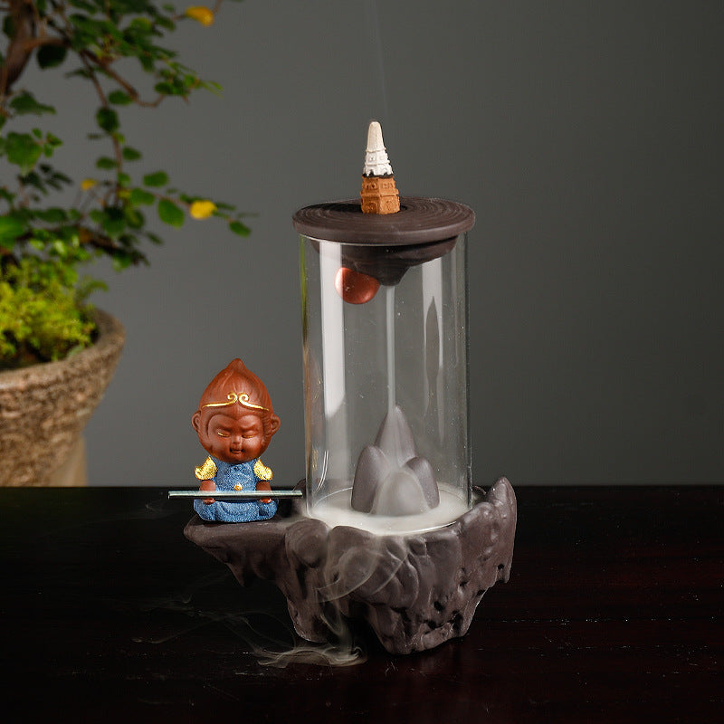 zensoullab Purple Clay Wukong Backflow Incense Burner Home Decor Creative Windproof Cover Sandalwood Incense Burner Craft Ornament