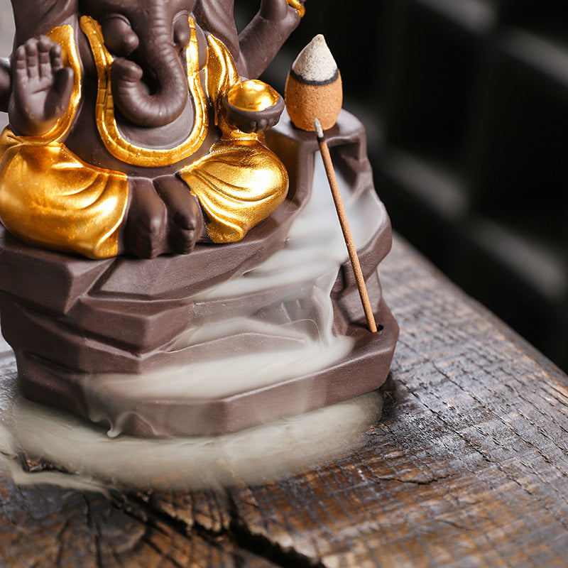 zensoullab Purple Clay Sandalwood Incense Burner Home Decor Creative Gold-Plated Ganesha Mountain Water Backflow Incense Burner Craft