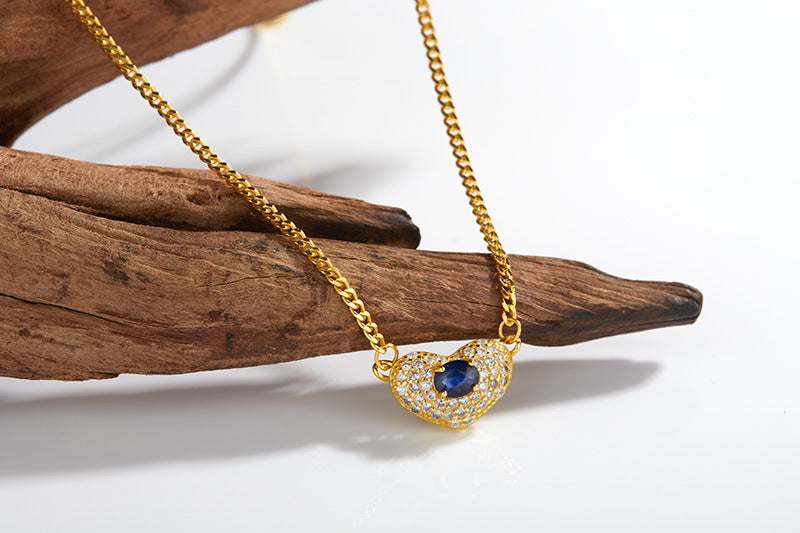 zensoullab High-End Heart-Shaped Gemstone Necklace for Women S925 Sterling Silver Natural Garnet Sapphire Heart Pendant Niche Non-Fading