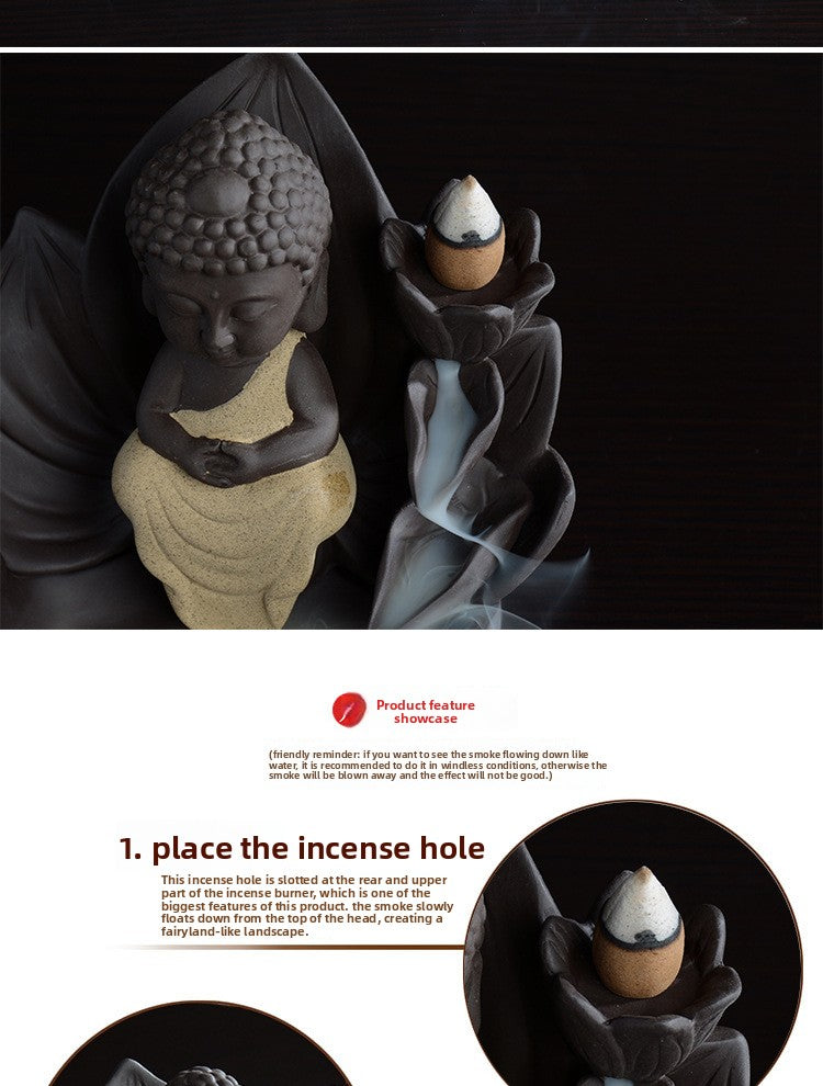 zensoullab Gift Ceramic Little Monk Retro Backflow Incense Burner Home Aromatherapy Burner Feng Shui Ornament Creative Guanyin Buddha Statue